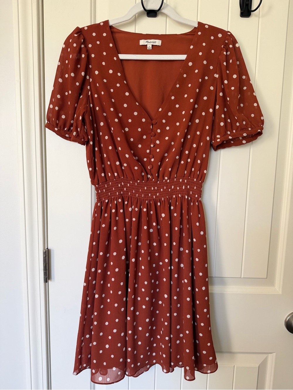 Madewell Rust Polka Dot V-Neck Smocked Waist Dress -Small